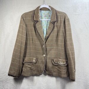 J Jill Tweed Houndstooth Wool Blend Blazer Sz 16P Beige Velvet Trim Stretch